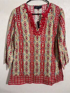 Jones New York Tunic Womens Multicolor Boho Abstract Beaded Neck Shirt Sz Medium